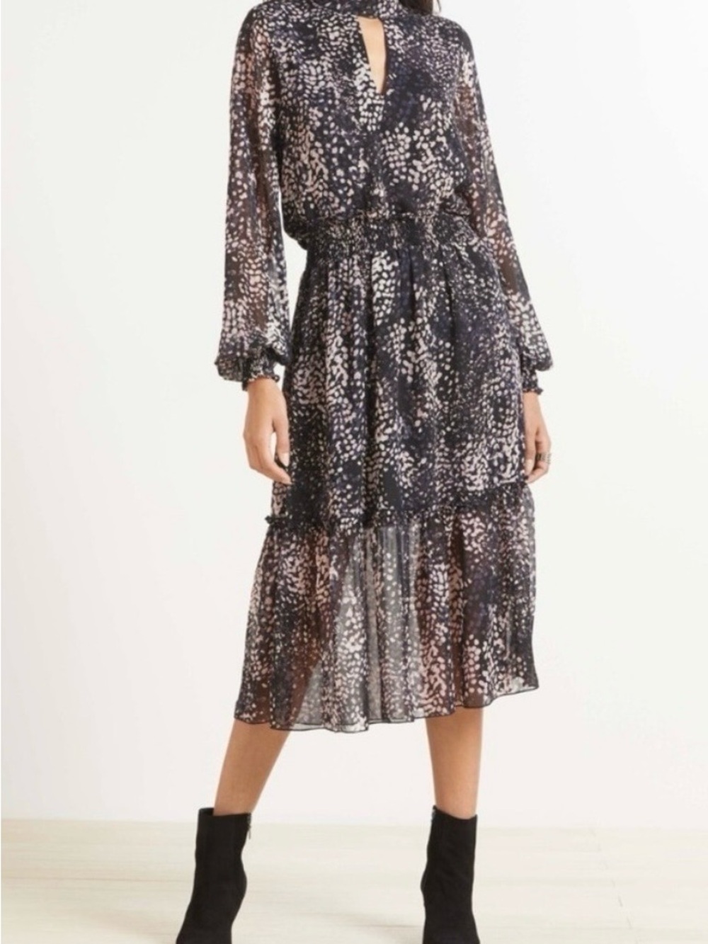 Roan + Ryan Georgette Midi Dress Black and Mauve Spot-Print Long Sleeve S